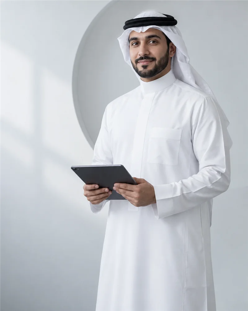 رجل سعودي بالثوب والغترة البيضاء يحمل جهازًا لوحيًا